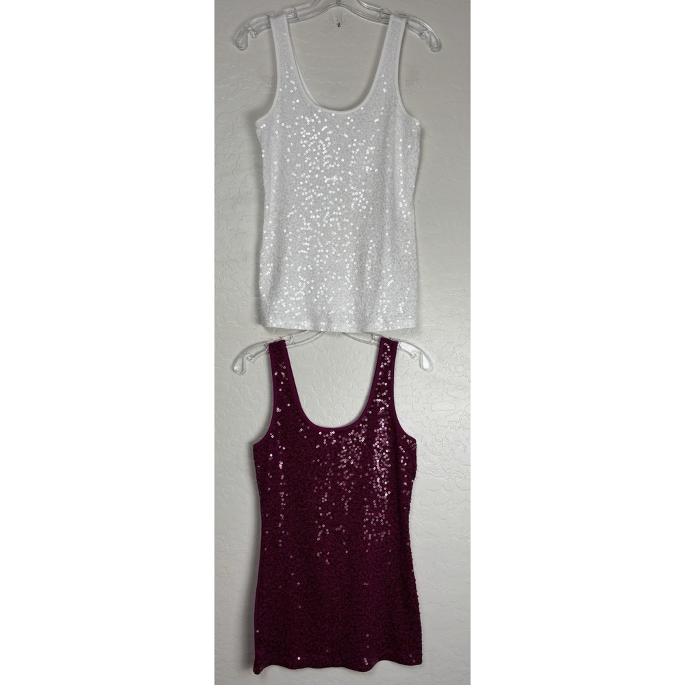 Lot of 2‎ Express Sequin Tanks, Festive Holiday Medium White and Purple 2016